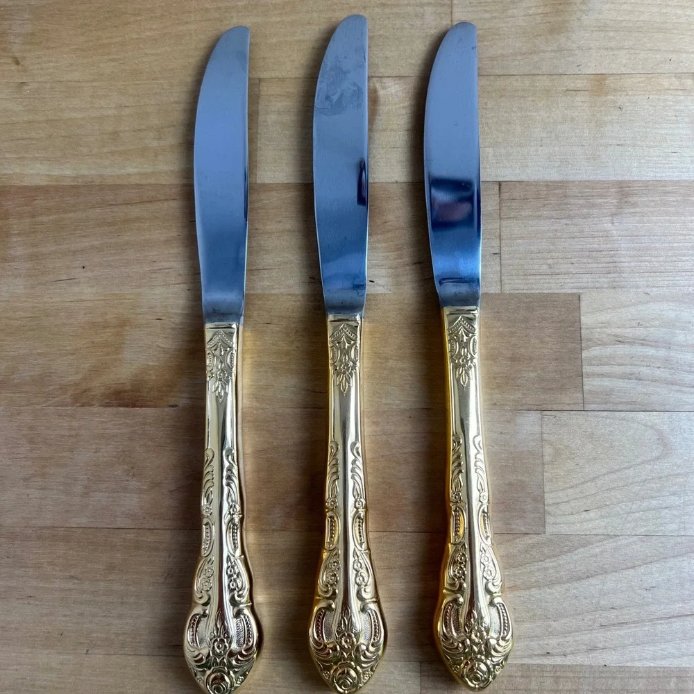 Olde Chelsea Silversmiths Set of 3 Vintage Gold Tone Korea Dinner Knives Ornate